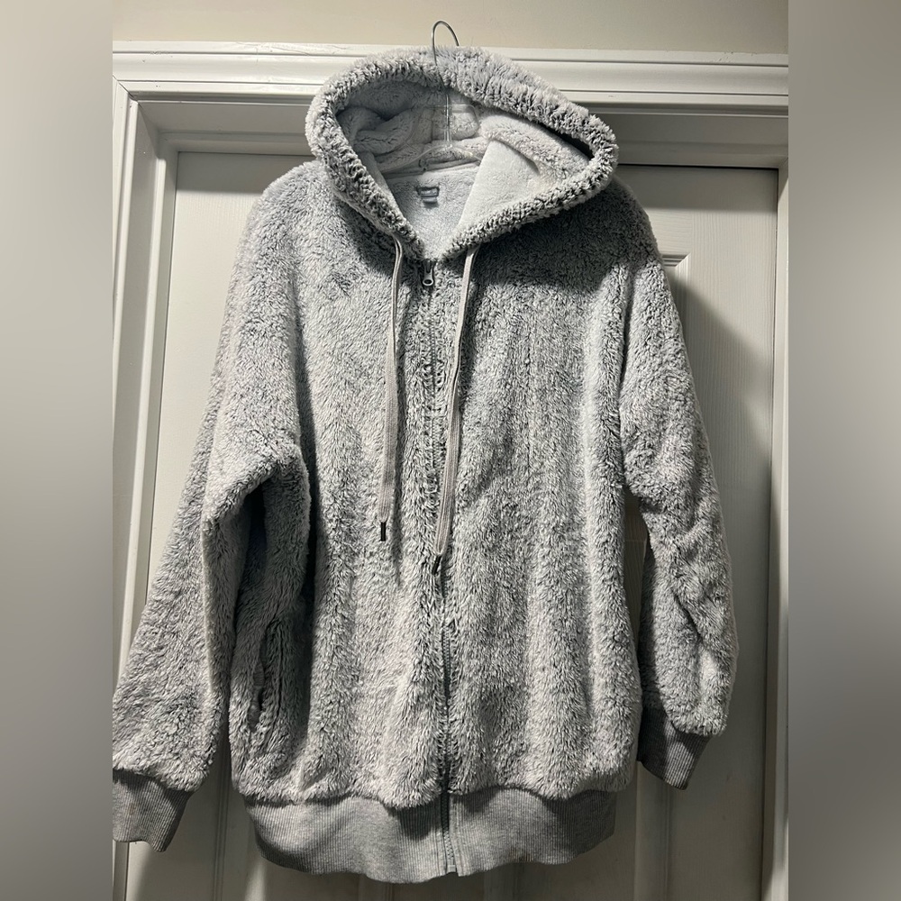 Aerie Women's Sherpa Sz Small “Oversized” Full Zip Hooded Jacket Gray Faux Fur - Picture 12 of 12